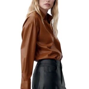 Zara Brown Faux Leather Shirt Size S